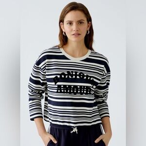 Oui WHITE BLUE STRIPE DRAWSTRING WAIST SWEATSHIRT